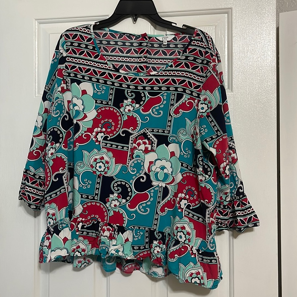 Crown & Ivy navy, coral, turquoise floral shirt, buttons up the back xl
